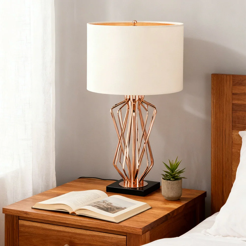 LIVARA Table Lamp Electroplated Metal Frame Fabric Shade Natural Marble Base Elegant & Versatile Design - White - Image 4