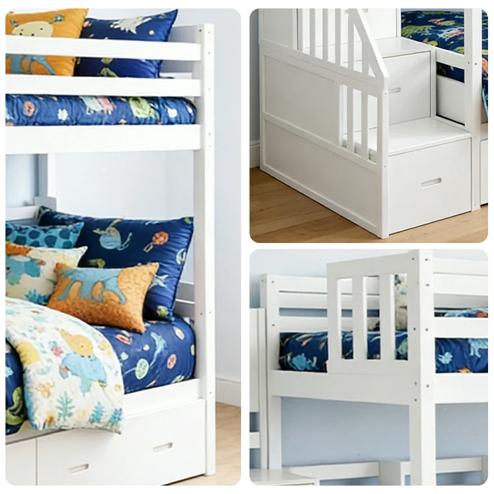 LIVARA Solid Wood Bunk Bed - Twin Over Twin Design with Storage Drawers, Built-in Staircase & Safety Guardrails for Kids Bedroom - White - Image 3