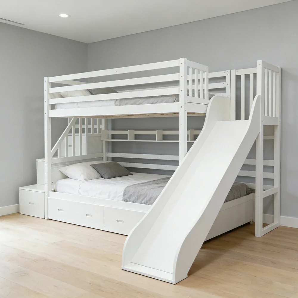 LIVARA Solid Wood Bunk Bed - Twin Over Twin Design with Storage Drawers, Built-in Staircase & Safety Guardrails for Kids Bedroom - White - Image 4