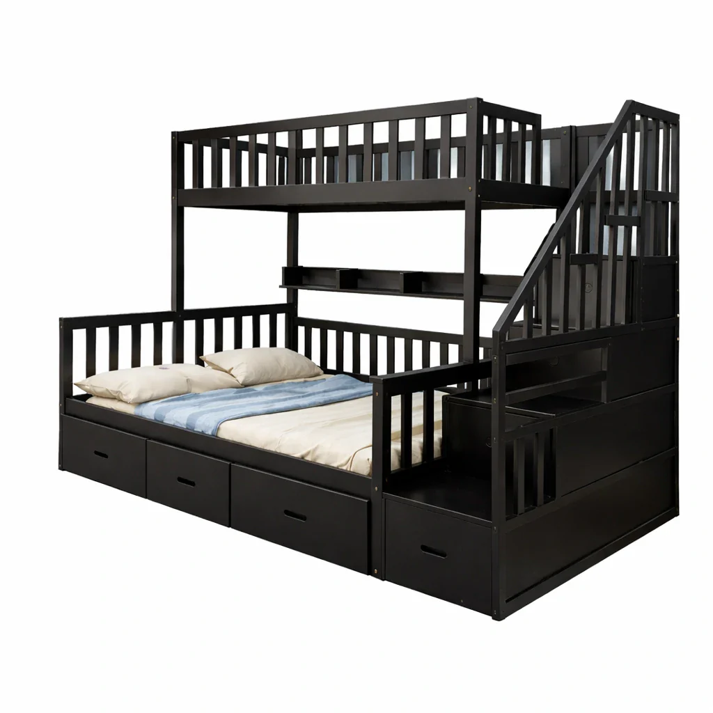 LIVARA Double Over Double Bunk Bed Frame, Solid Pine Timber Construction, Safety Guardrails, Large Storage Drawers & Shelves - Black - Image 2