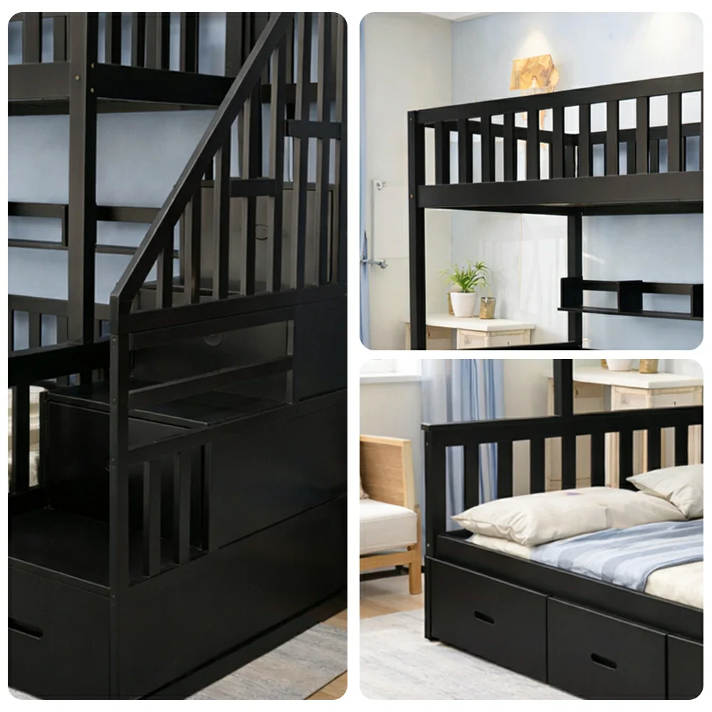 LIVARA Double Over Double Bunk Bed Frame, Solid Pine Timber Construction, Safety Guardrails, Large Storage Drawers & Shelves - Black - Image 3