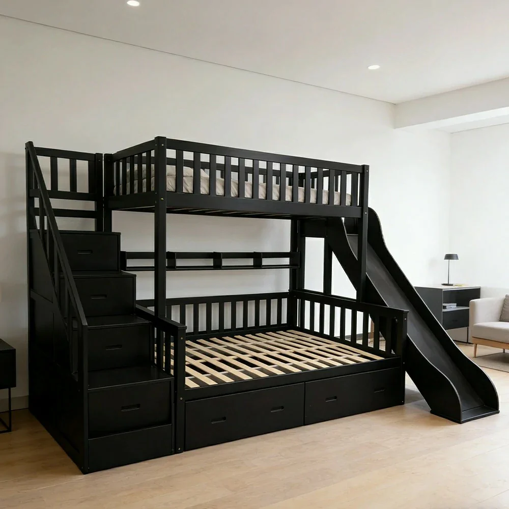 LIVARA Double Over Double Bunk Bed Frame, Solid Pine Timber Construction, Safety Guardrails, Large Storage Drawers & Shelves - Black - Image 4