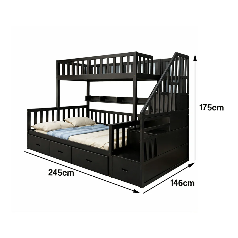 LIVARA Double Over Double Bunk Bed Frame, Solid Pine Timber Construction, Safety Guardrails, Large Storage Drawers & Shelves - Black - Image 5