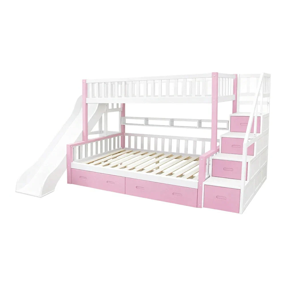 LIVARA ACSF01 Bunk Bed Frame with Slide Solid Pine Timber Safety Rails Big Storage - Pink - Image 2