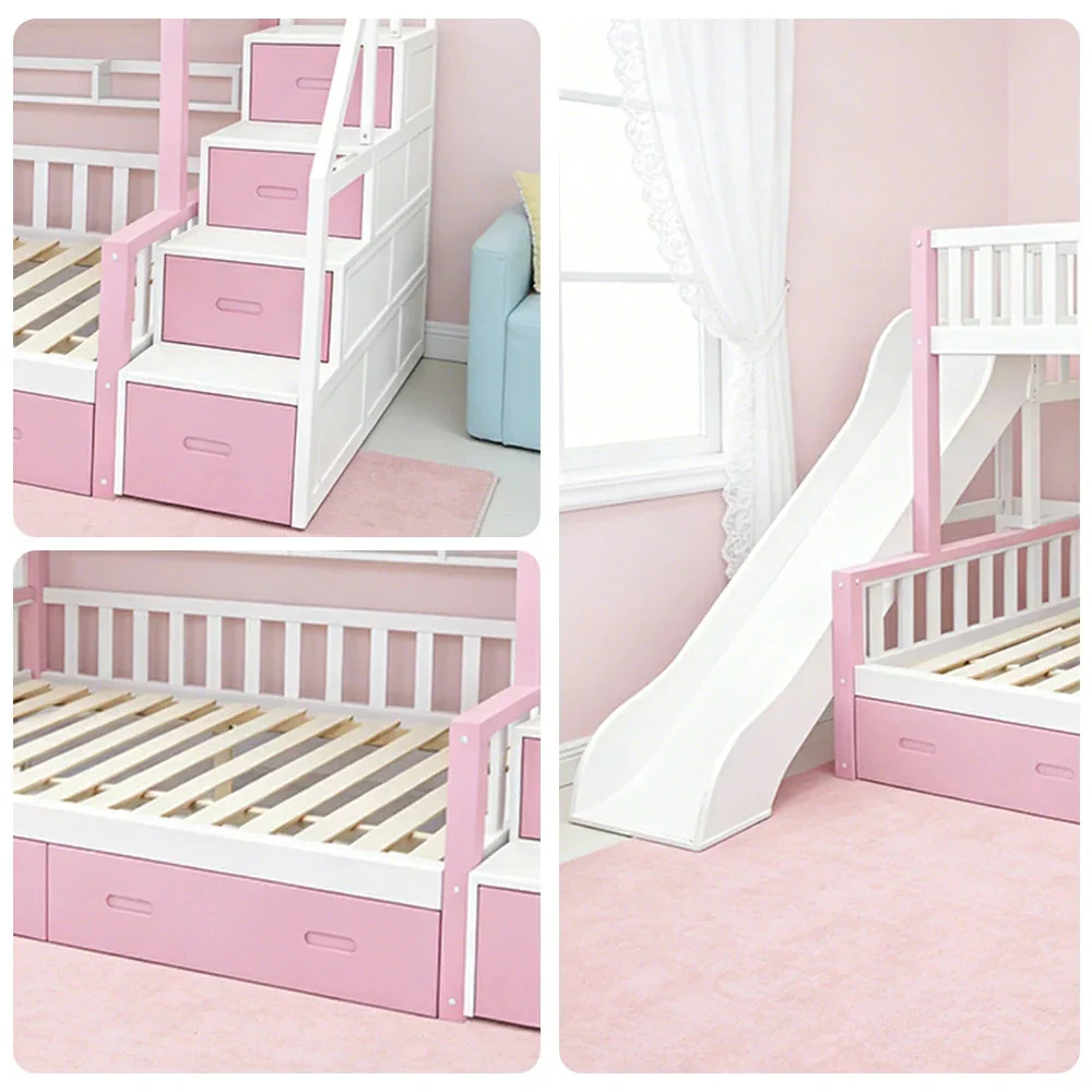LIVARA ACSF01 Bunk Bed Frame with Slide Solid Pine Timber Safety Rails Big Storage - Pink - Image 3