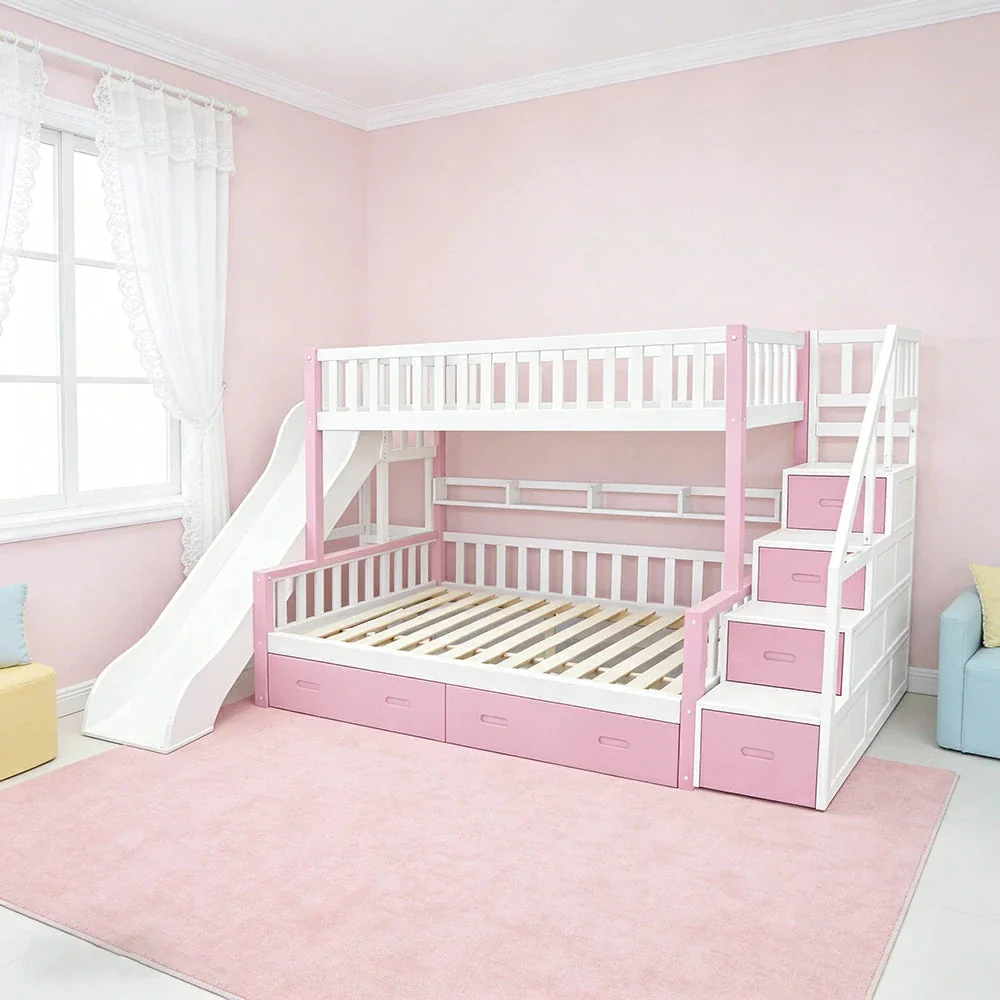 LIVARA ACSF01 Bunk Bed Frame with Slide Solid Pine Timber Safety Rails Big Storage - Pink - Image 4