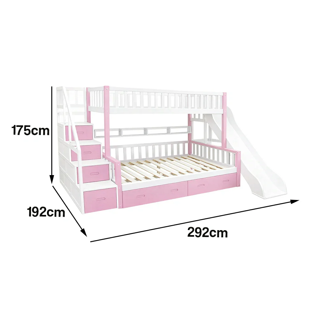 LIVARA ACSF01 Bunk Bed Frame with Slide Solid Pine Timber Safety Rails Big Storage - Pink - Image 5