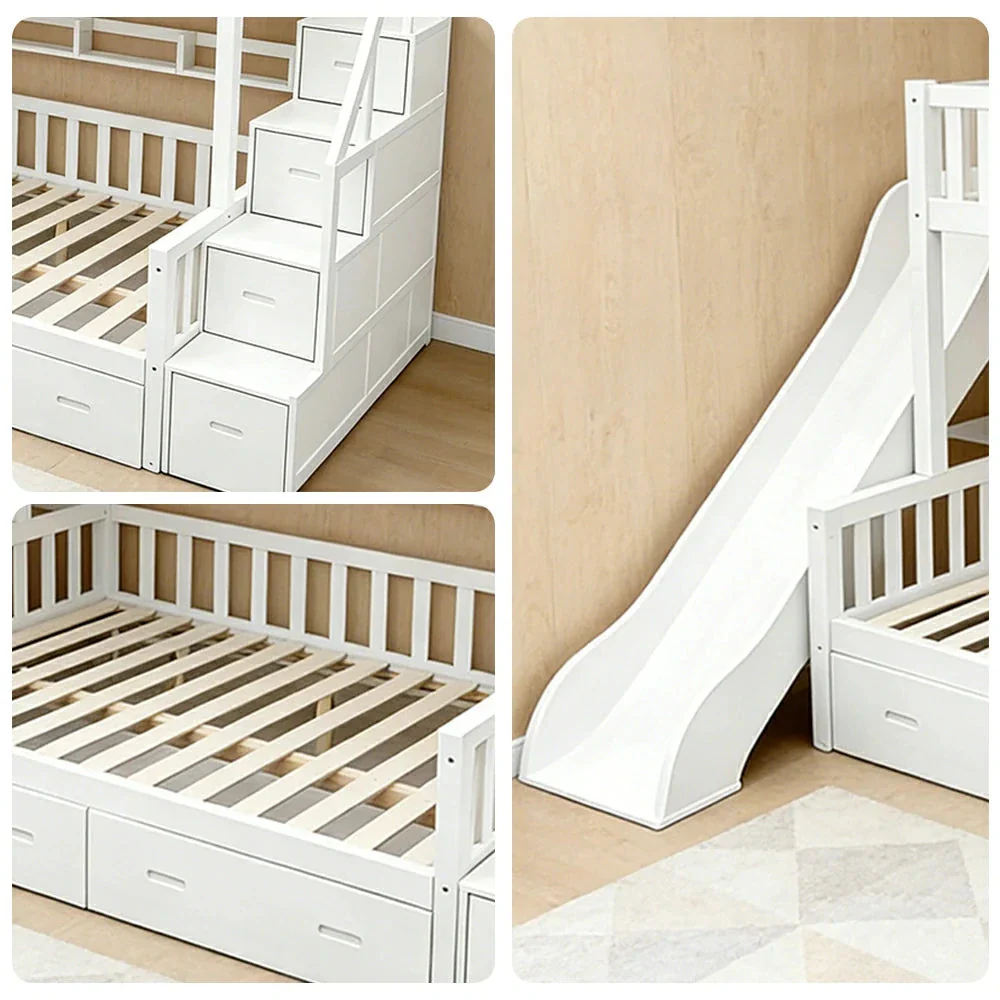 LIVARA ACSF01 Bunk Bed Frame with Slide Solid Pine Timber Safety Rails Big Storage - White - Image 3