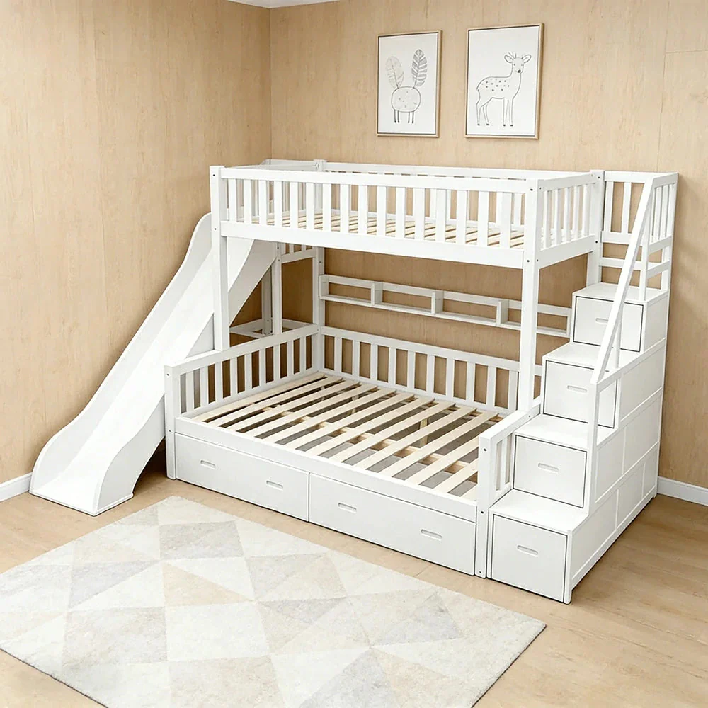 LIVARA ACSF01 Bunk Bed Frame with Slide Solid Pine Timber Safety Rails Big Storage - White - Image 4