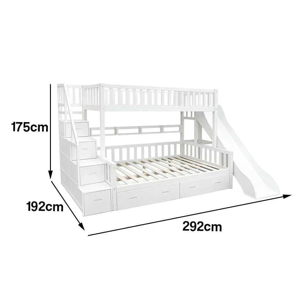 LIVARA ACSF01 Bunk Bed Frame with Slide Solid Pine Timber Safety Rails Big Storage - White - Image 5