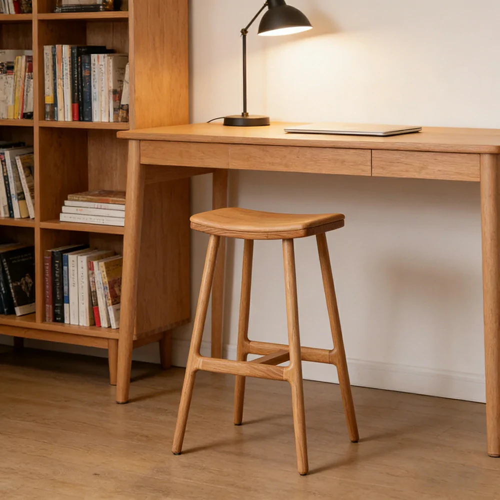 LIVARA Solid Wood Bar Stool - Ergonomic Saddle Seat, Reinforced Triangular Frame, Natural Timber Grain, Built-in Footrest Support - Wood - Image 2