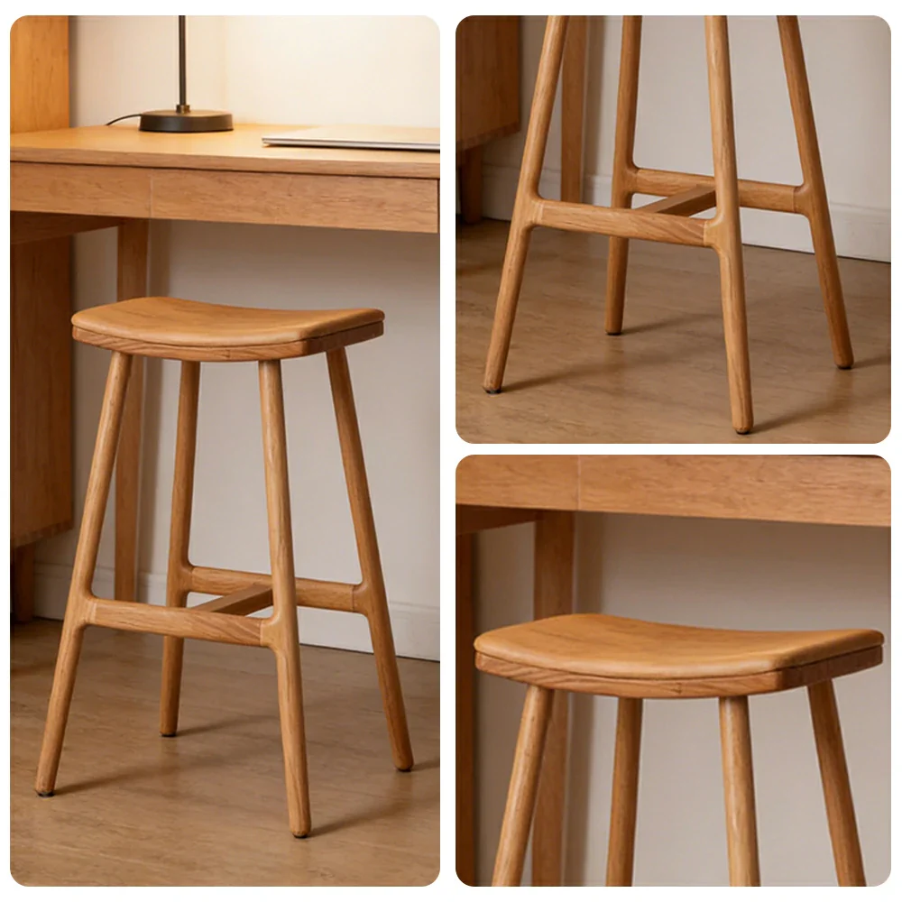 LIVARA Solid Wood Bar Stool - Ergonomic Saddle Seat, Reinforced Triangular Frame, Natural Timber Grain, Built-in Footrest Support - Wood - Image 3