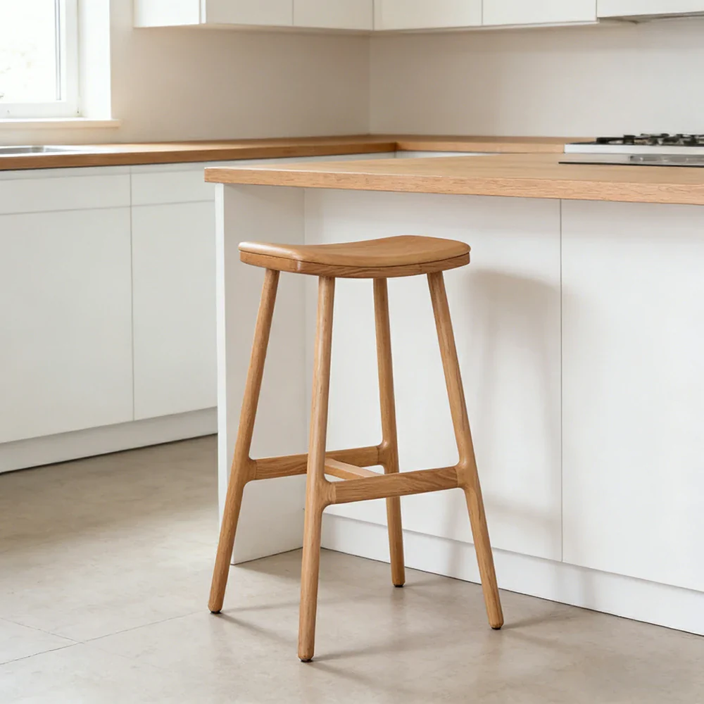 LIVARA Solid Wood Bar Stool - Ergonomic Saddle Seat, Reinforced Triangular Frame, Natural Timber Grain, Built-in Footrest Support - Wood - Image 4