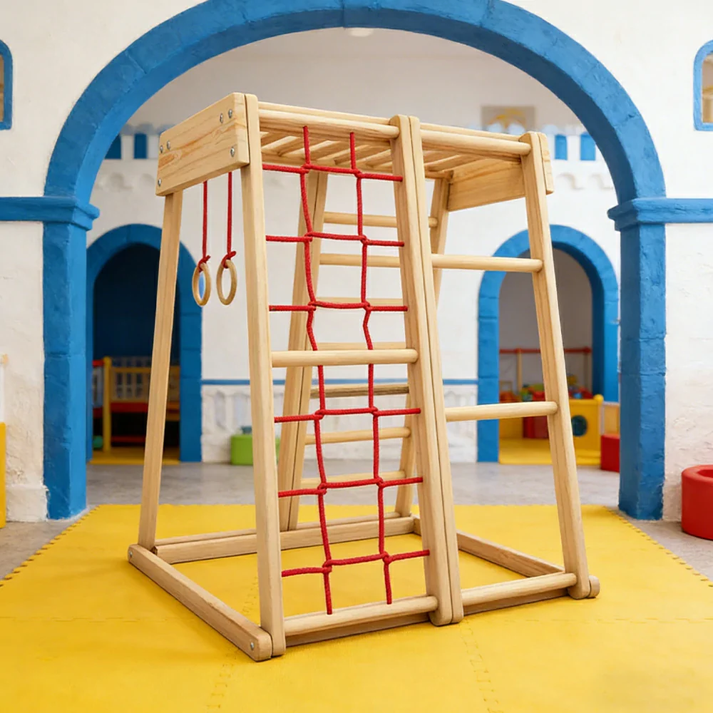 LIVARA Kids Climbing Frame, Rounded Safety Design, Solid Wood Structure, Durable Nylon Rope, Multi-Activity Play - Image 2
