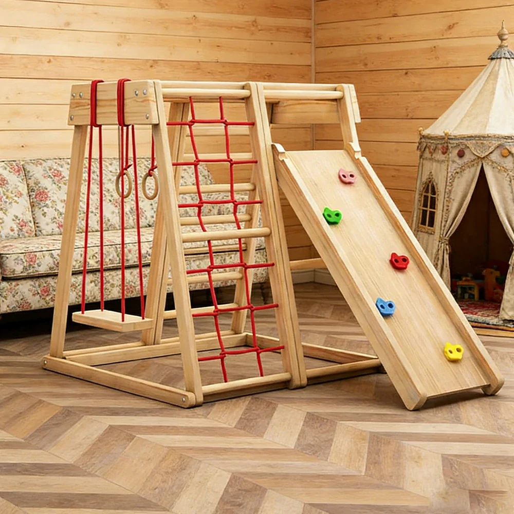 LIVARA Kids Climbing Frame with Swing & Double-Sided Slide, Rounded Safety Design, Solid Wood Structure, Multi-Activity Play - Image 2