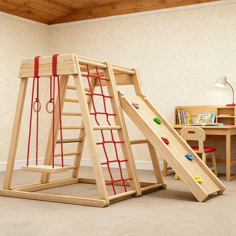 LIVARA Kids Climbing Frame with Swing & Double-Sided Slide, Rounded Safety Design, Solid Wood Structure, Multi-Activity Play - Image 4