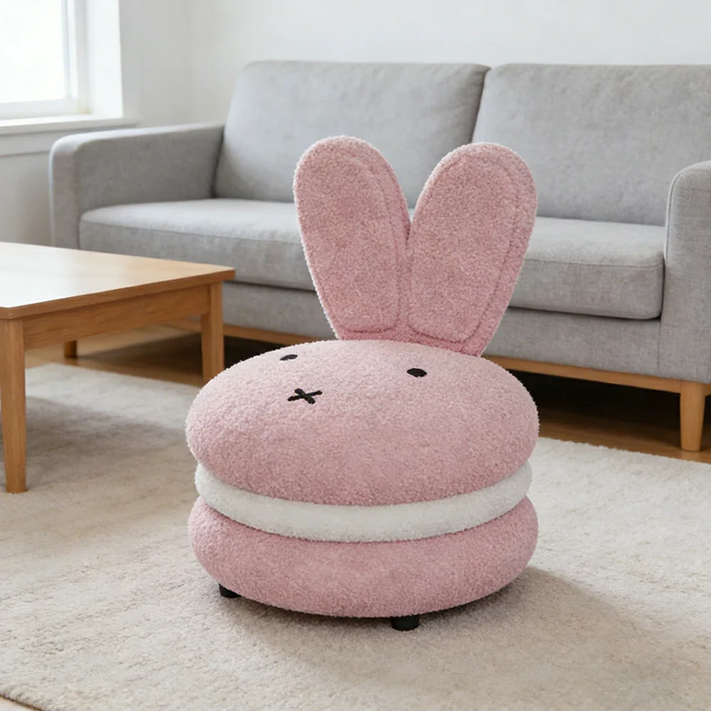 LIVARA Bunny-Shaped Sherpa Upholstered Stool, High-Resilience Foam Cushion, Solid Wood Frame, Wide Comfort Seat - Pink - Image 2
