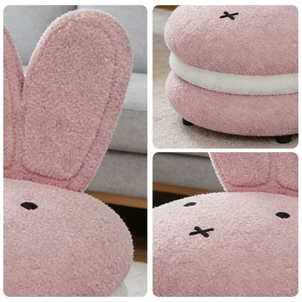 LIVARA Bunny-Shaped Sherpa Upholstered Stool, High-Resilience Foam Cushion, Solid Wood Frame, Wide Comfort Seat - Pink - Image 3