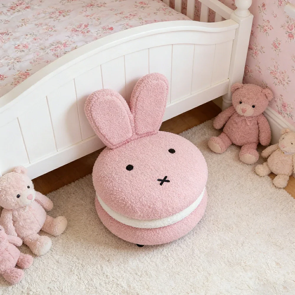 LIVARA Bunny-Shaped Sherpa Upholstered Stool, High-Resilience Foam Cushion, Solid Wood Frame, Wide Comfort Seat - Pink - Image 4
