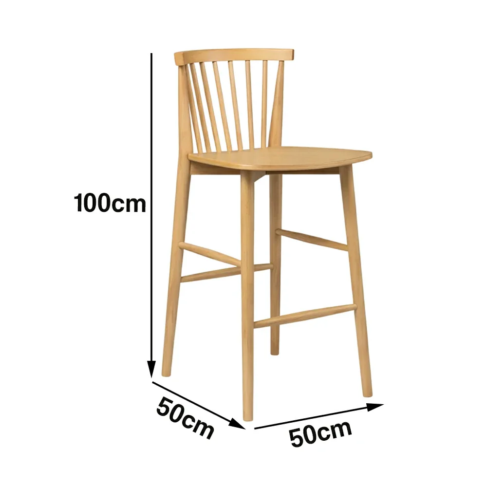 LIVARA Solid Wood Bar Stool - Ergonomic Slatted Backrest, Reinforced Crossbar Support, Durable Dining & Kitchen Seating - Natural - Image 5