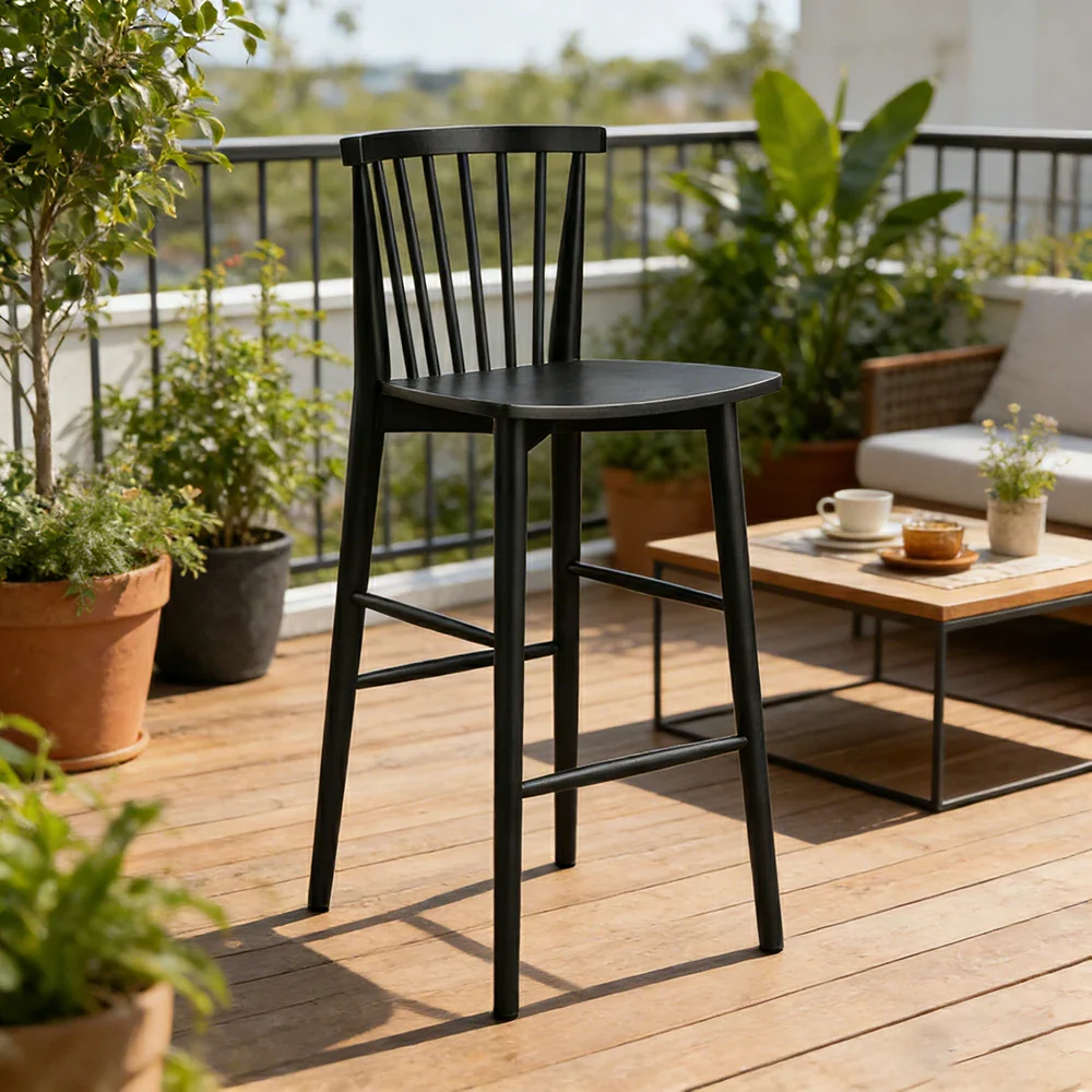 LIVARA Solid Wood Bar Stool - Ergonomic Slatted Backrest, Reinforced Crossbar Support, Durable Dining & Kitchen Seating - Black - Image 2