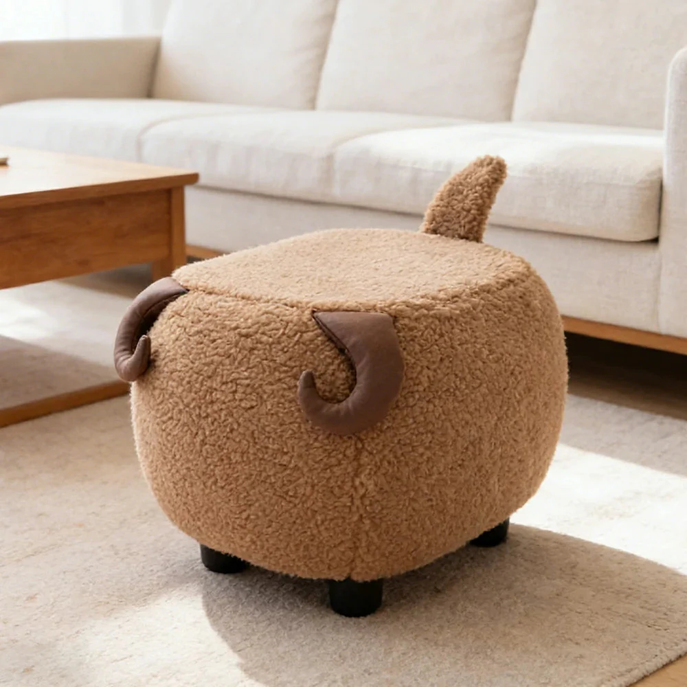 LIVARA Goat-Shaped Cashmere-Fleece Stool, Supportive Comfort Seat, Durable Upholstery, Rounded Safety Design - Coffee - Image 2