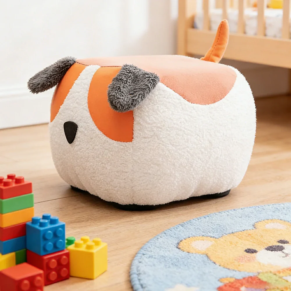 LIVARA Dog-Shaped Teddy Fleece Stool, Supportive Comfort Seat, Durable Upholstery, Rounded Safety Design - Orange - Image 2