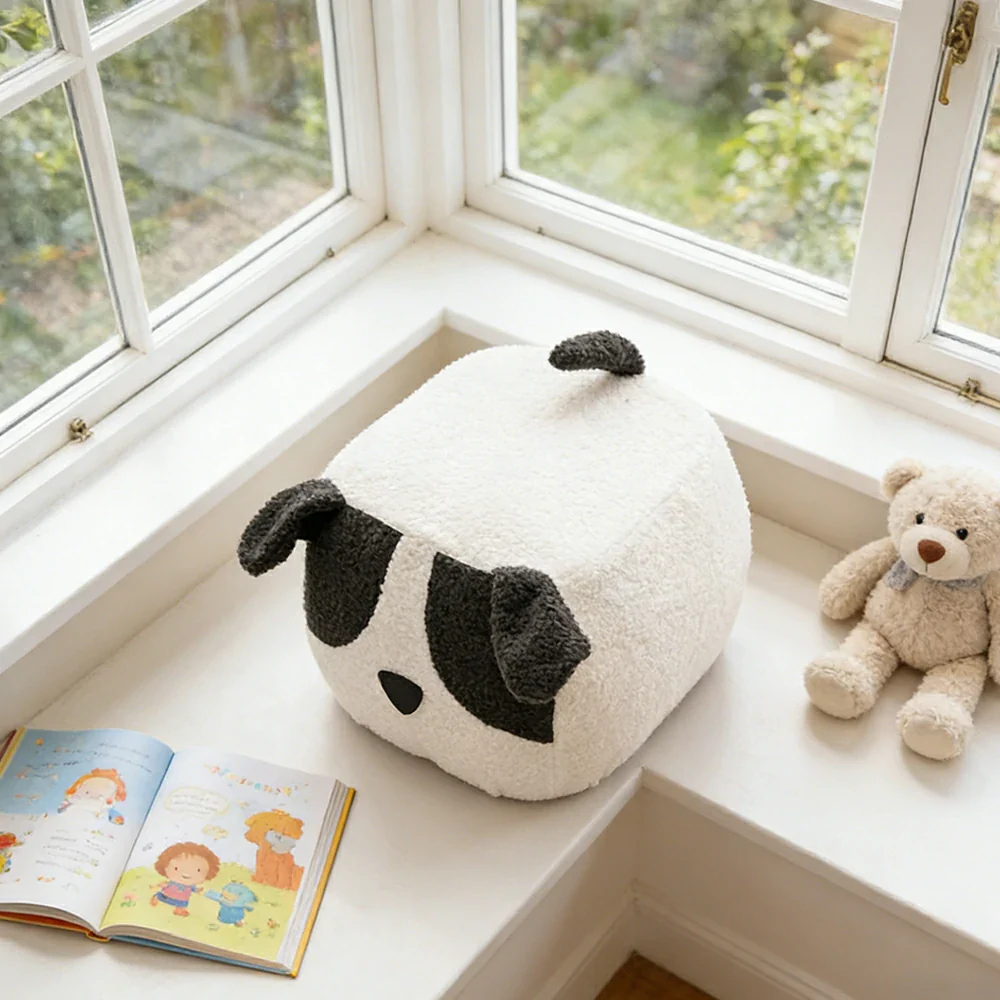 LIVARA Dog-Shaped Teddy Fleece Stool, Supportive Comfort Seat, Durable Upholstery, Rounded Safety Design - White - Image 2