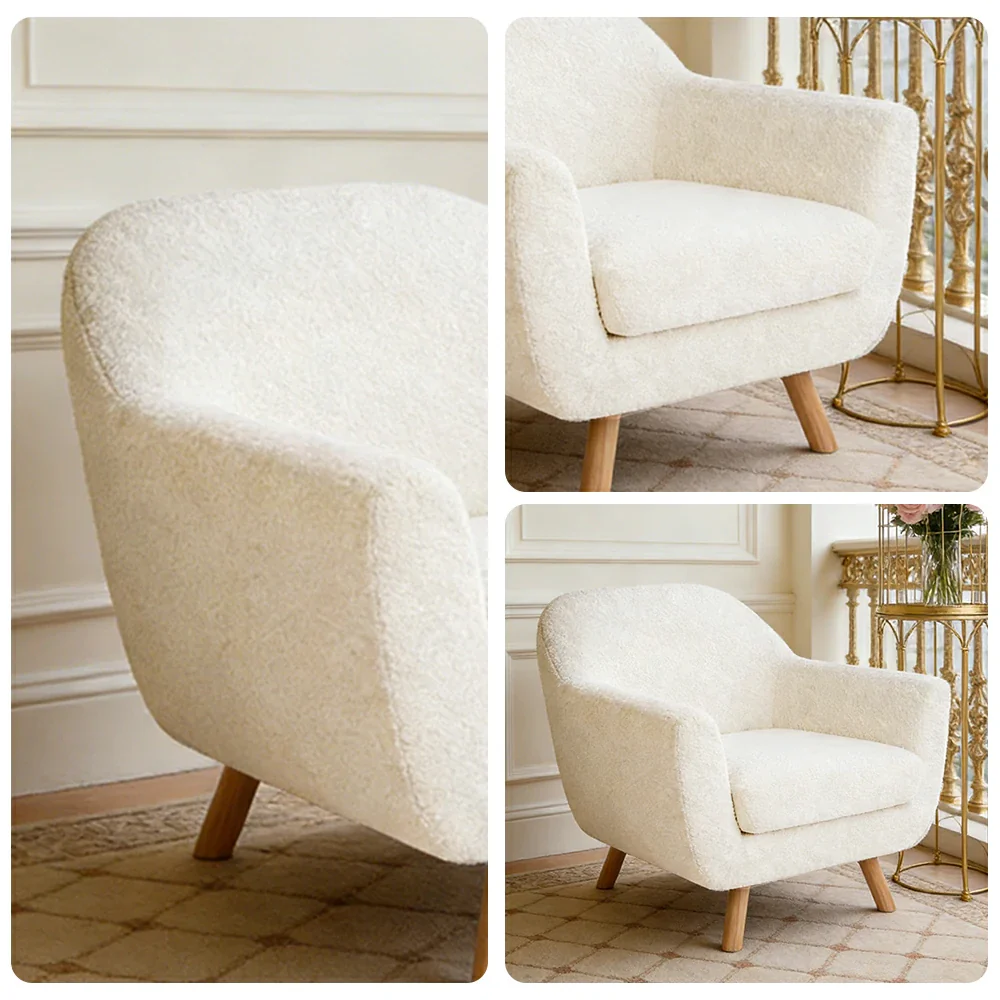 LIVARA Nordic Accent Armchair - Upholstered Single Sofa with High-Resilience Foam, Soft Sherpa Fabric & Solid Wood Legs - Cream - Image 3