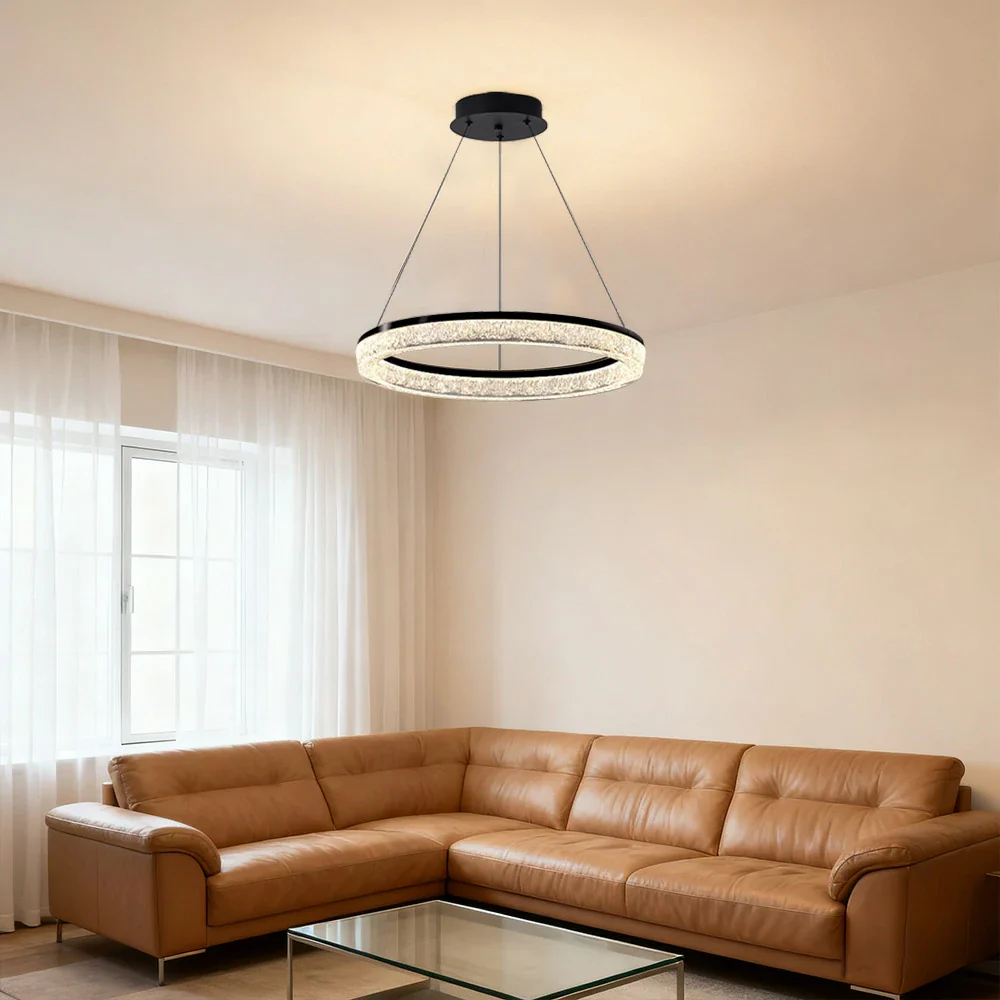 LIVARA 48W Crystal Pendant Light with Full-Spectrum Eye-Protection LED, Three-Color Dimmable Lighting & Matte Iron Body Design - Image 2