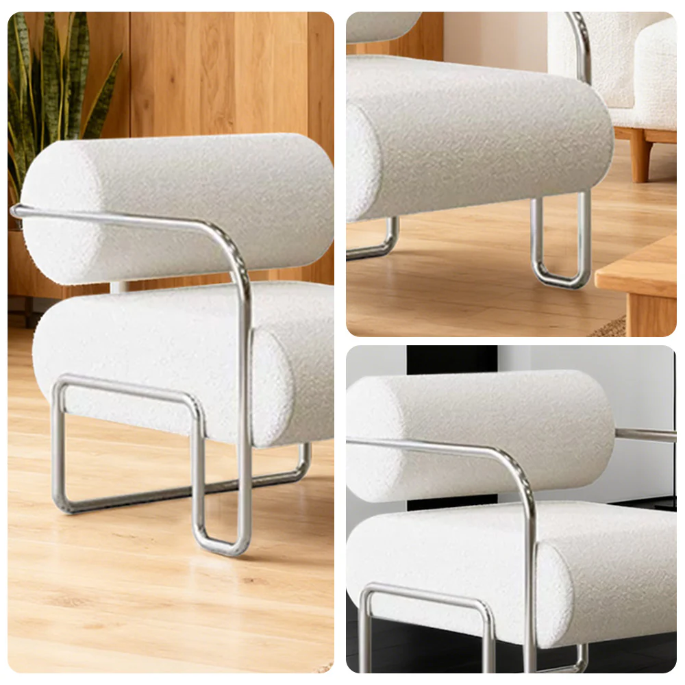 LIVARA Velvet Lounge Chair Thick Cushion Stainless Steel Frame Deep-Relax Bolster Support Design - White&Silver - Image 3