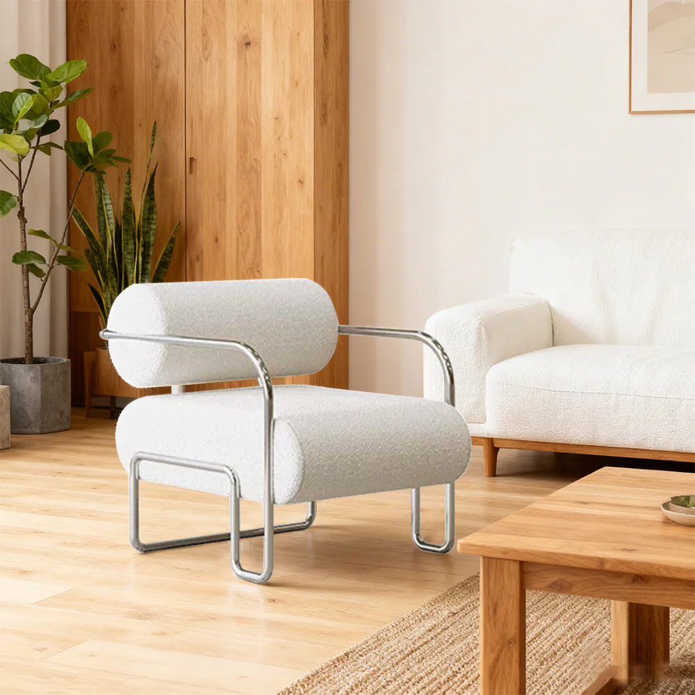 LIVARA Velvet Lounge Chair Thick Cushion Stainless Steel Frame Deep-Relax Bolster Support Design - White&Silver - Image 4