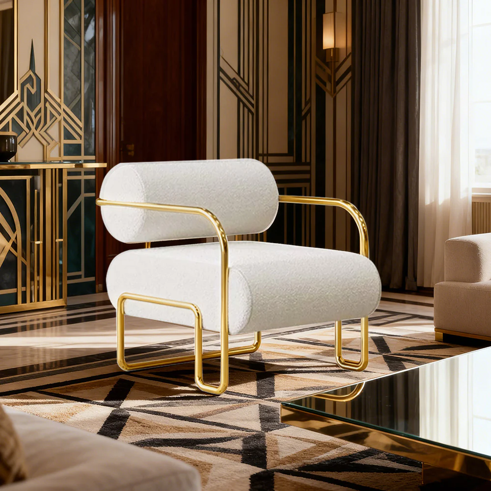 LIVARA Velvet Lounge Chair Thick Cushion Stainless Steel Frame Deep-Relax Bolster Support Design - White&Gold - Image 2