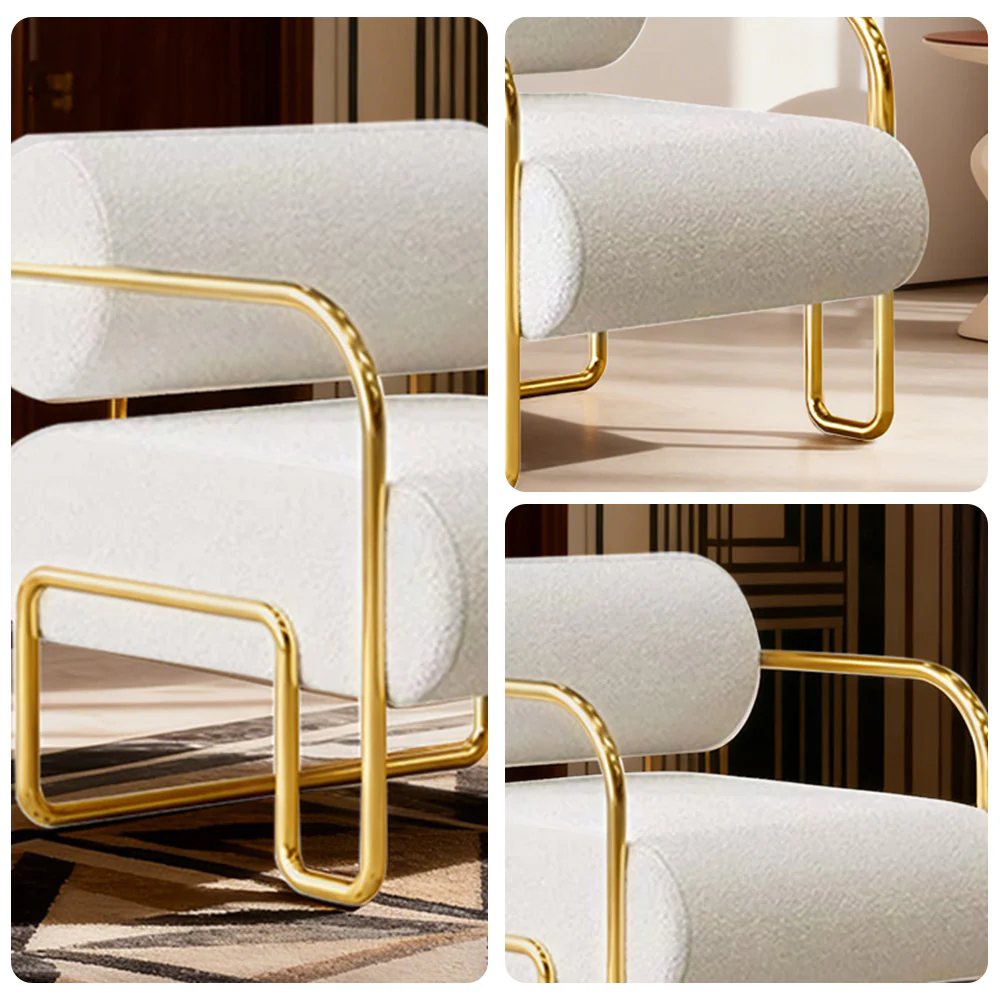 LIVARA Velvet Lounge Chair Thick Cushion Stainless Steel Frame Deep-Relax Bolster Support Design - White&Gold - Image 3