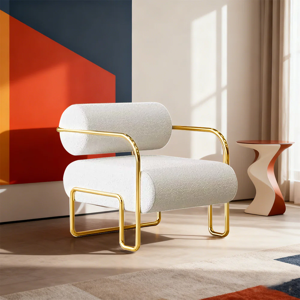 LIVARA Velvet Lounge Chair Thick Cushion Stainless Steel Frame Deep-Relax Bolster Support Design - White&Gold - Image 4