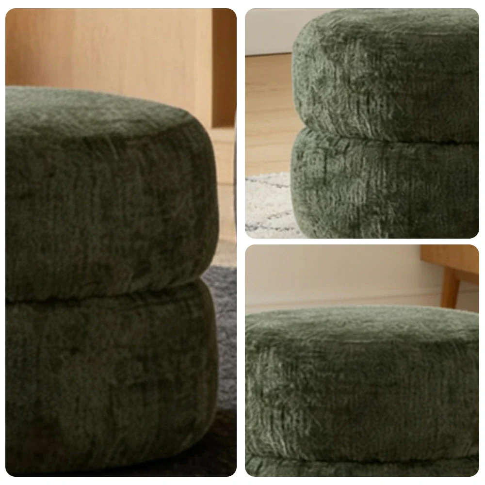 LIVARA Ottoman Round Design High-Resilience Foam Chenille Fabric Lightweight Mobile Multi-Functional - Green - Image 3