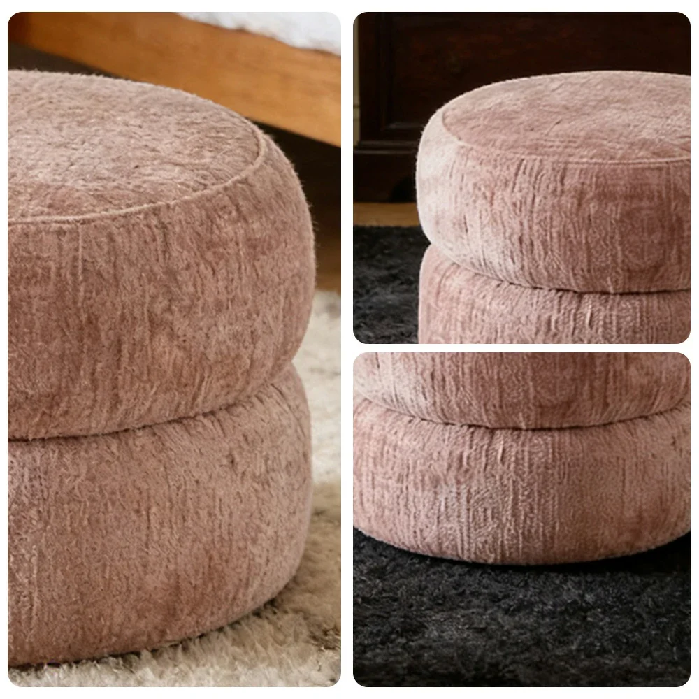 LIVARA Ottoman Round Design High-Resilience Foam Chenille Fabric Lightweight Mobile Multi-Functional - Pink - Image 3