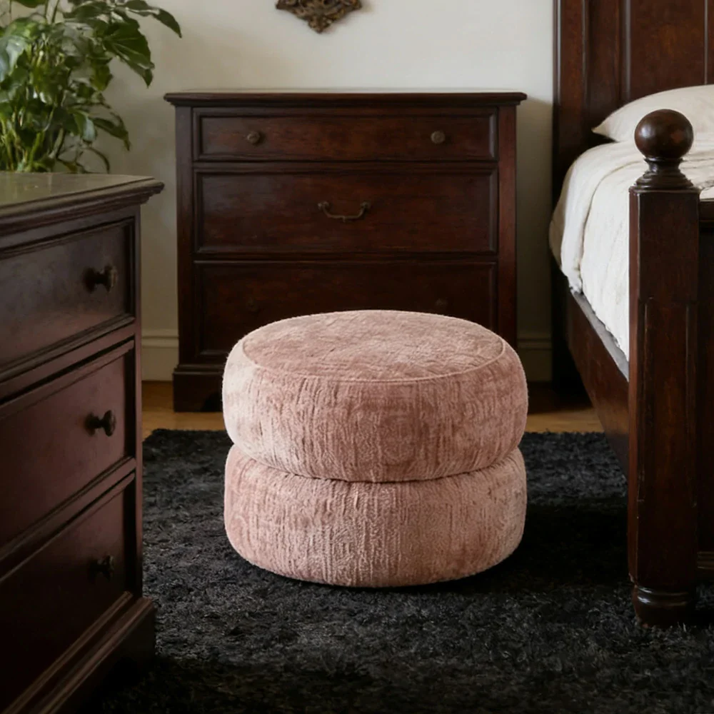 LIVARA Ottoman Round Design High-Resilience Foam Chenille Fabric Lightweight Mobile Multi-Functional - Pink - Image 4
