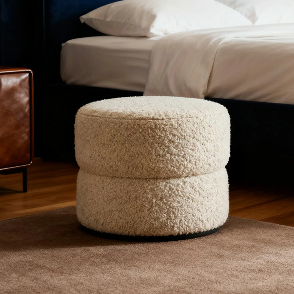 LIVARA Ottoman Round Design High-Resilience Foam Chenille Fabric Lightweight Mobile Multi-Functional - White - Image 2