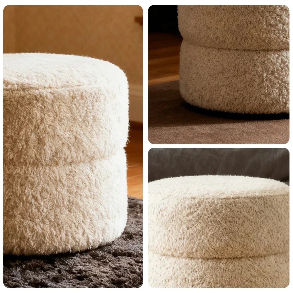 LIVARA Ottoman Round Design High-Resilience Foam Chenille Fabric Lightweight Mobile Multi-Functional - White - Image 3