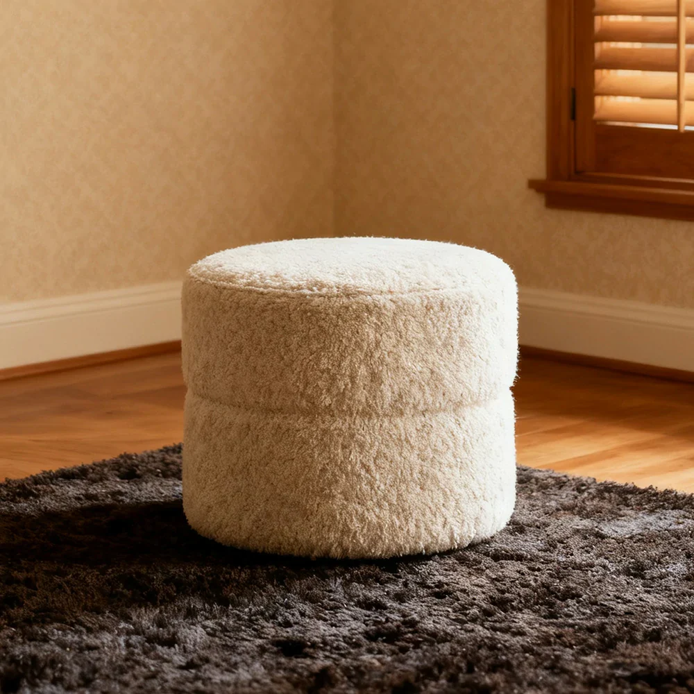LIVARA Ottoman Round Design High-Resilience Foam Chenille Fabric Lightweight Mobile Multi-Functional - White - Image 4