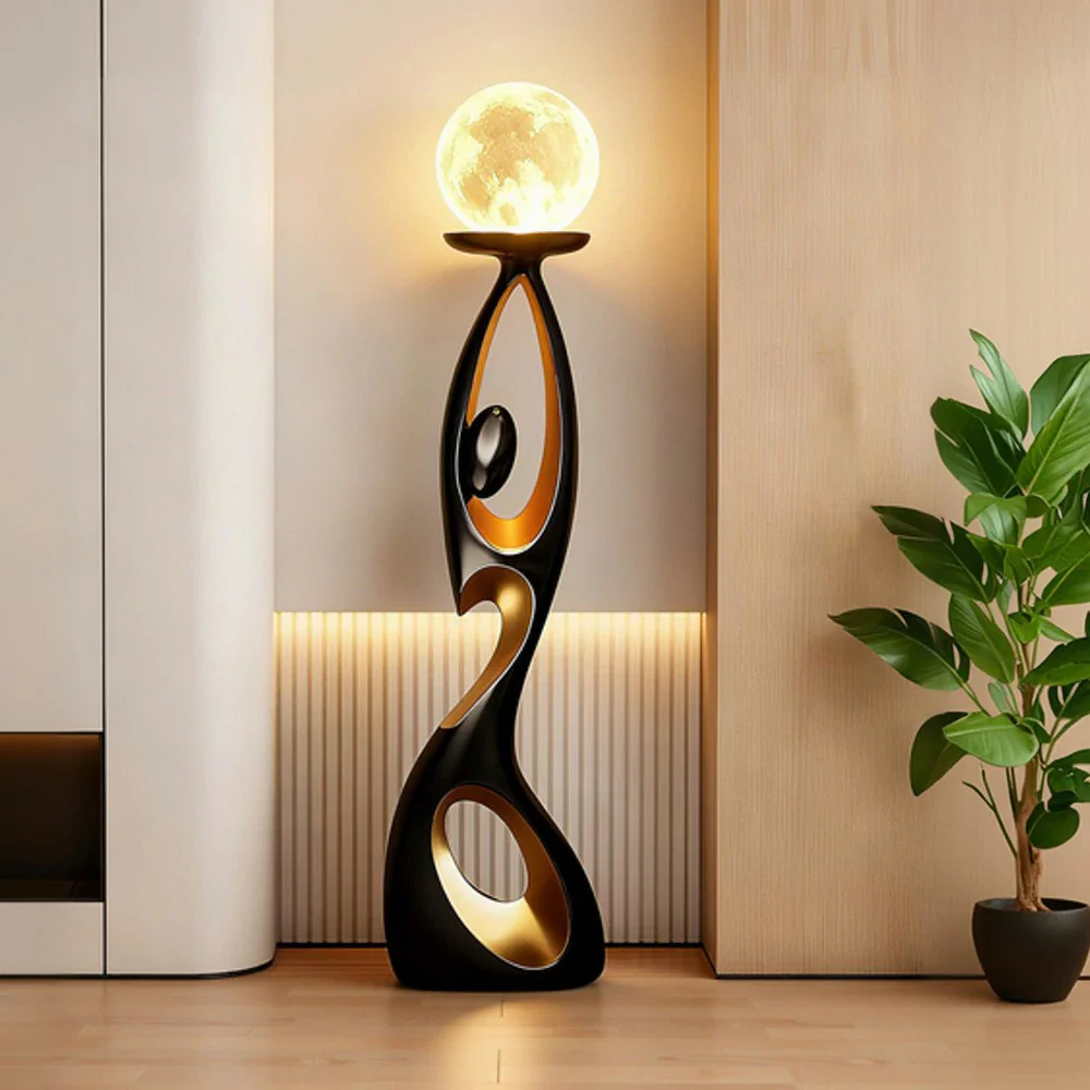 LIVARA Touch Control Rechargeable Moon Floor Lamp with 3-Color Dimmable LED & 3D Printed Resin Design - Black - Image 2