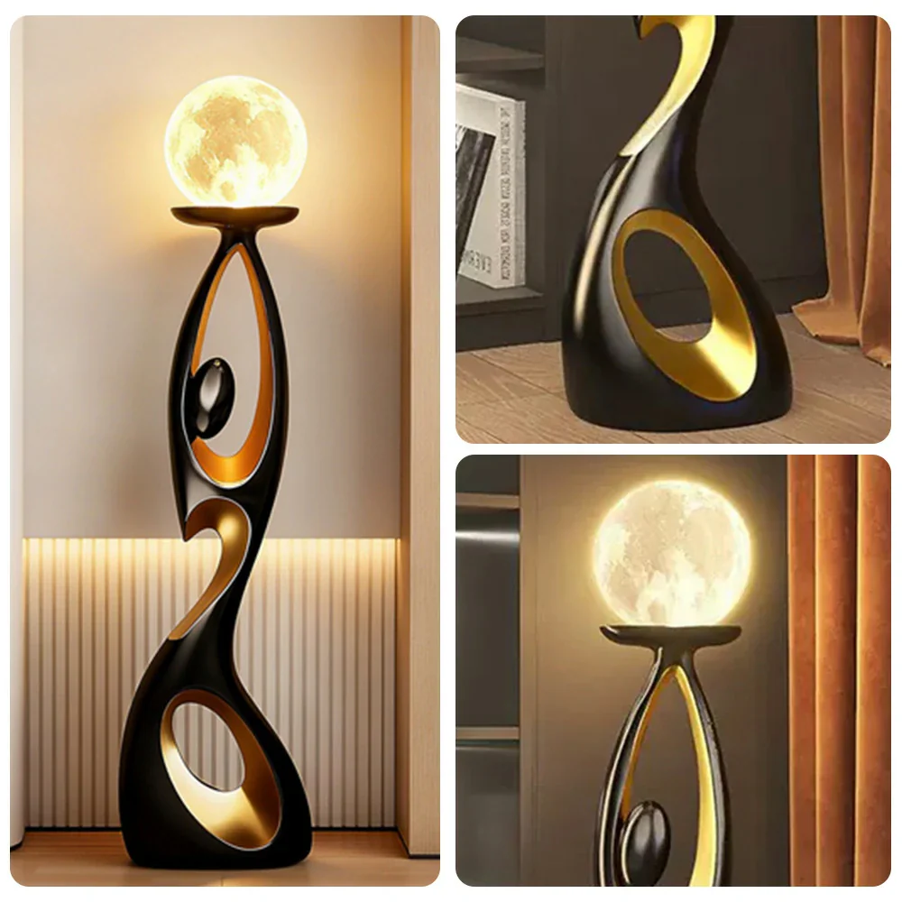 LIVARA Touch Control Rechargeable Moon Floor Lamp with 3-Color Dimmable LED & 3D Printed Resin Design - Black - Image 3
