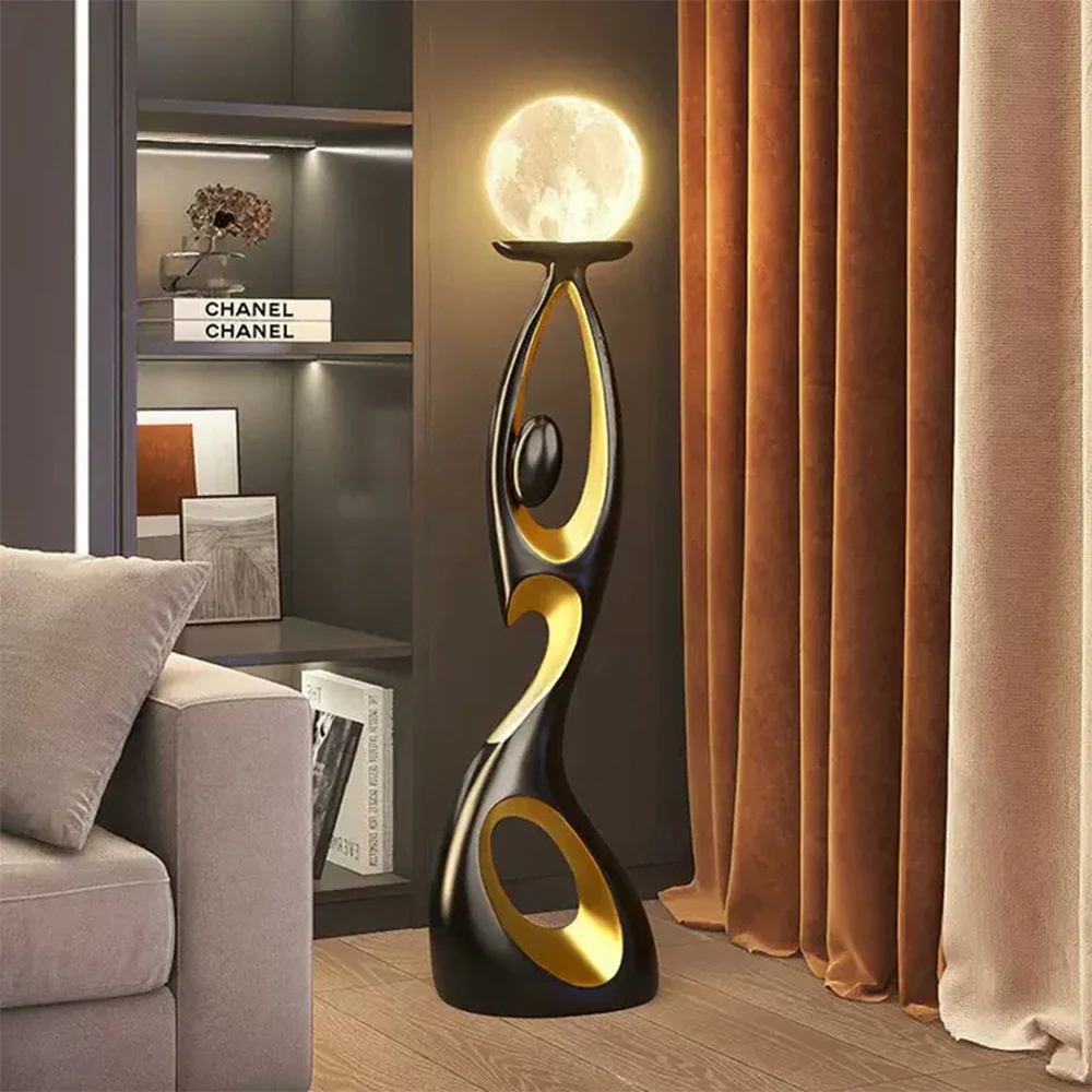 LIVARA Touch Control Rechargeable Moon Floor Lamp with 3-Color Dimmable LED & 3D Printed Resin Design - Black - Image 4