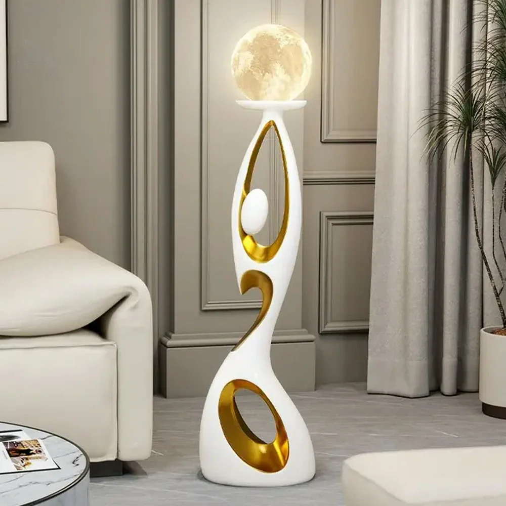 LIVARA Touch Control Rechargeable Moon Floor Lamp with 3-Color Dimmable LED & 3D Printed Resin Design - White - Image 2
