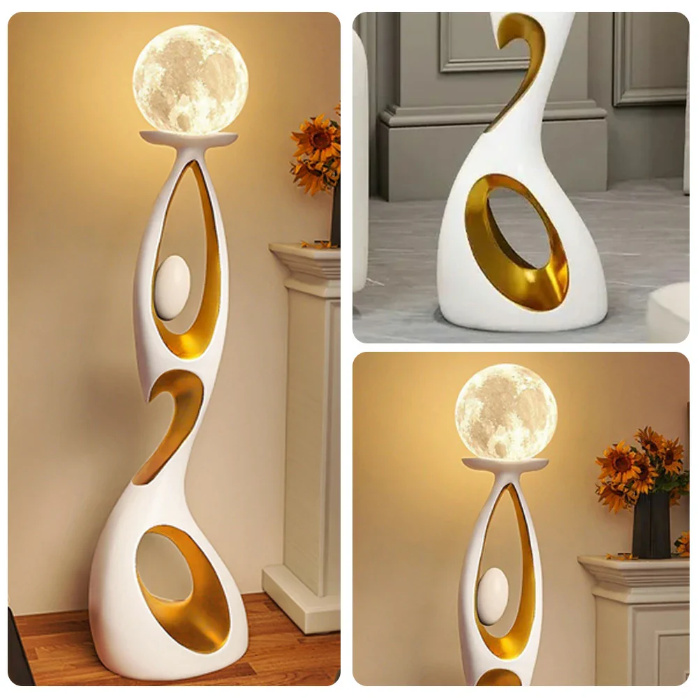 LIVARA Touch Control Rechargeable Moon Floor Lamp with 3-Color Dimmable LED & 3D Printed Resin Design - White - Image 3