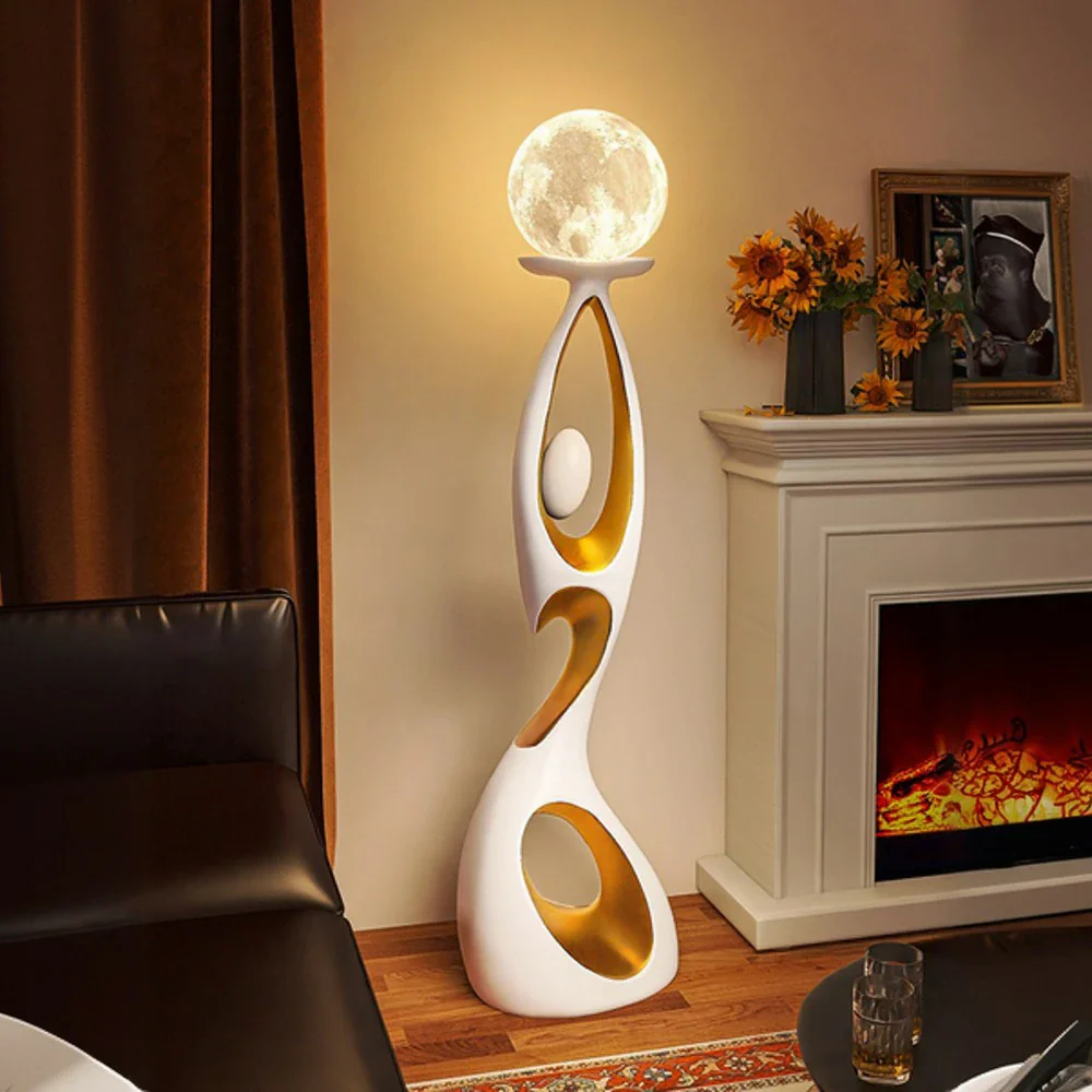 LIVARA Touch Control Rechargeable Moon Floor Lamp with 3-Color Dimmable LED & 3D Printed Resin Design - White - Image 4
