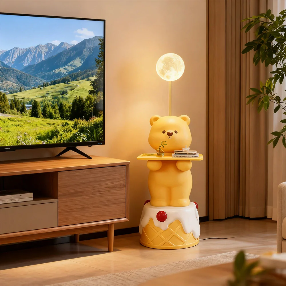 LIVARA Cartoon Bear Floor Lamp with Built-In Tray - Resin & Soft PVC Material, Stable Base, Decorative Storage Design - Yellow - Image 4