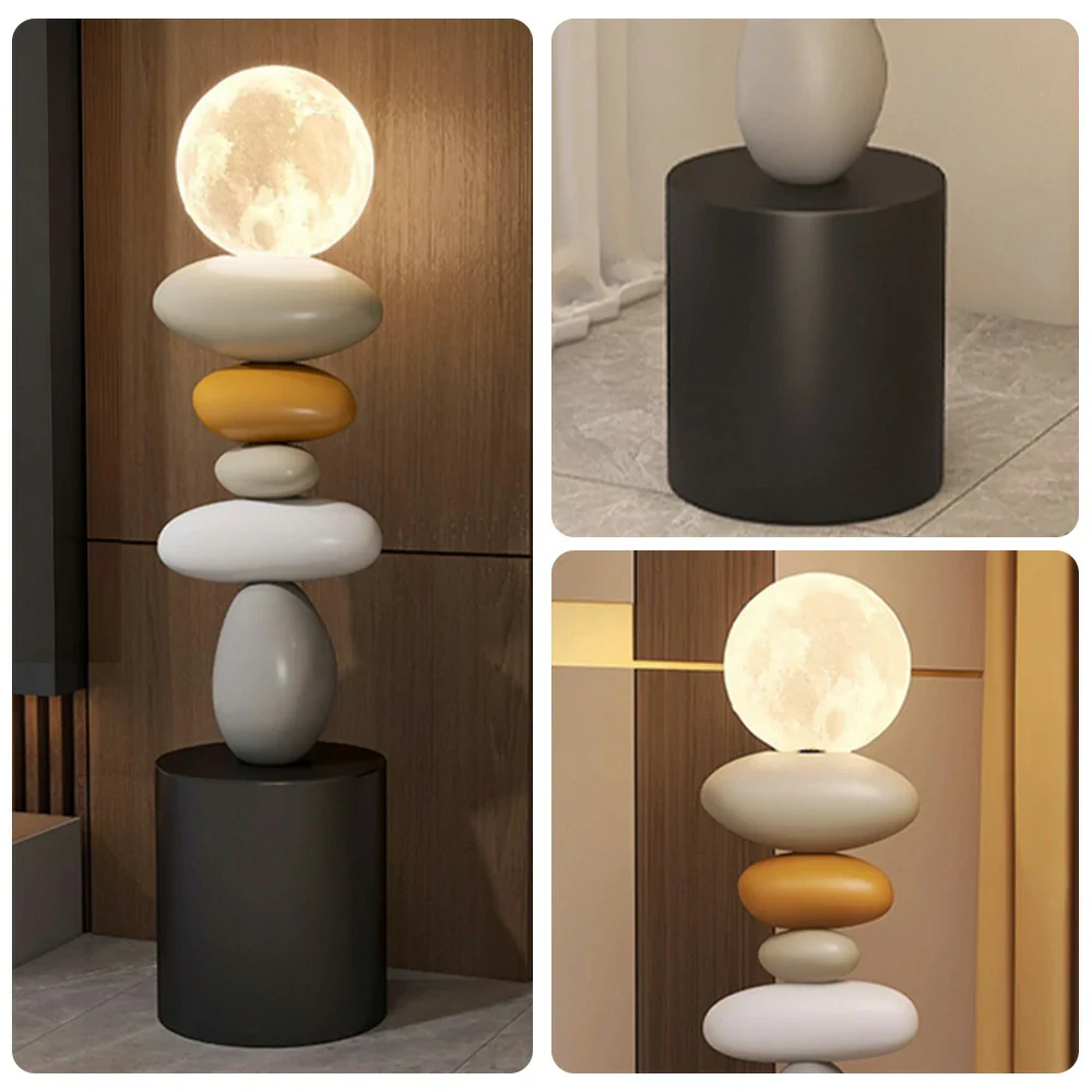 LIVARA Pebble Stacked 3D Moon Lamp - Touch Control Three-Colour Lighting, Resin & Wood Body, USB Rechargeable Design - Image 3