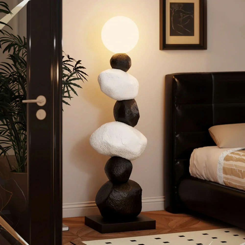LIVARA Stone Floor Lamp - Artistic Resin & PC Lampshade Design, Three-Colour Tap Control LED Light, Minimalist Home Décor Lighting - Black - Image 2